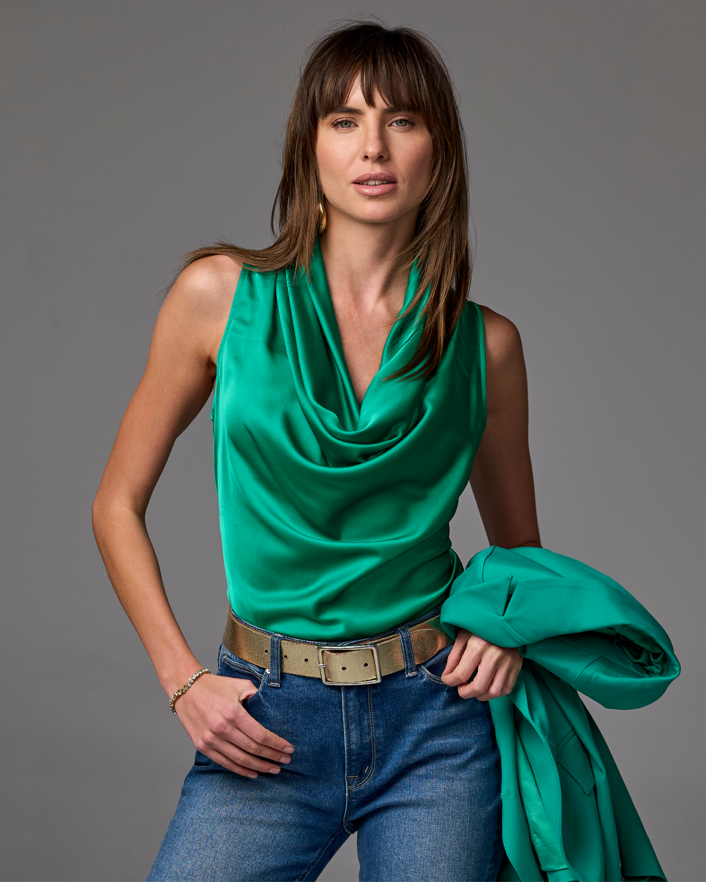Marilyn Cowl-Neck Charmeuse Blouse Parakeet