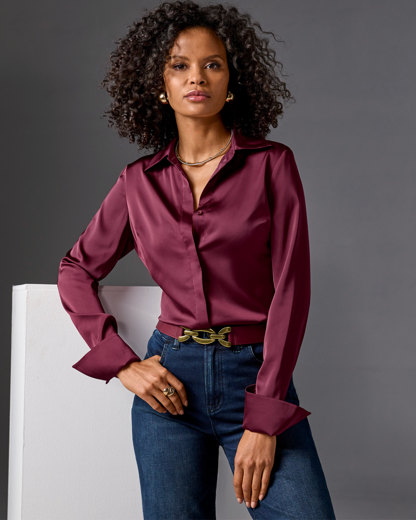 Sophia Button-Up Charmeuse Blouse Black Cherry
