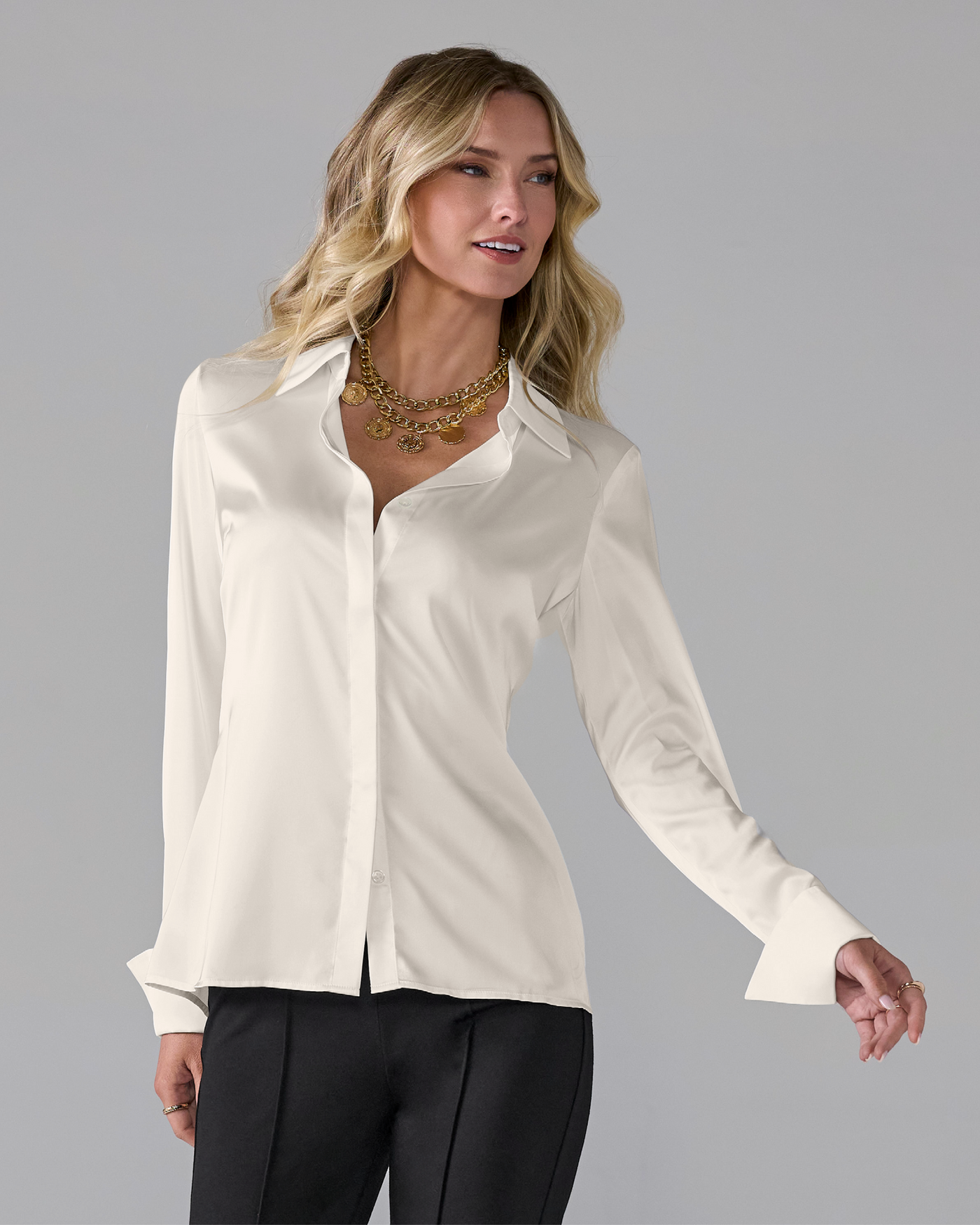 Sophia Button-Up Charmeuse Blouse Off White