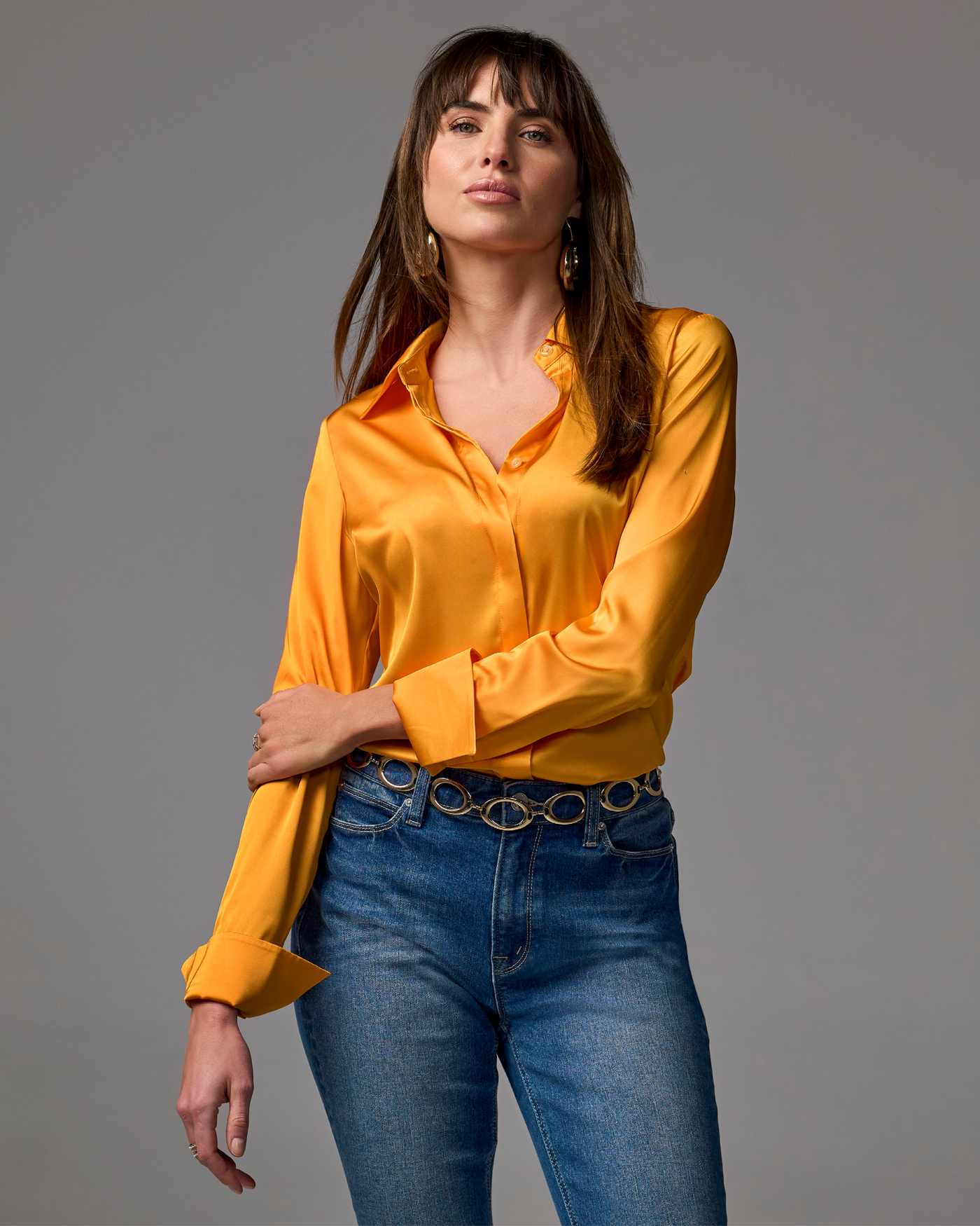 Sophia Button-Up Charmeuse Blouse Orange Pop
