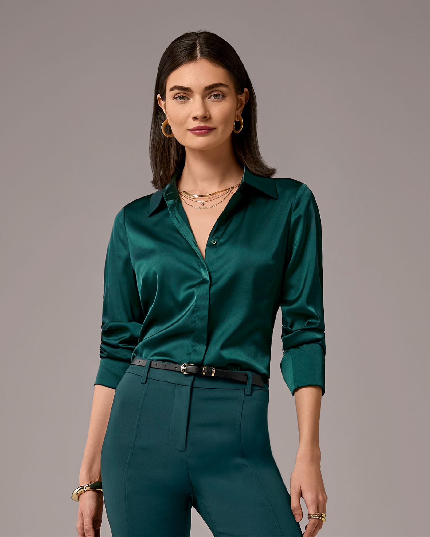 Sophia Button-Up Charmeuse Blouse Hunt Club