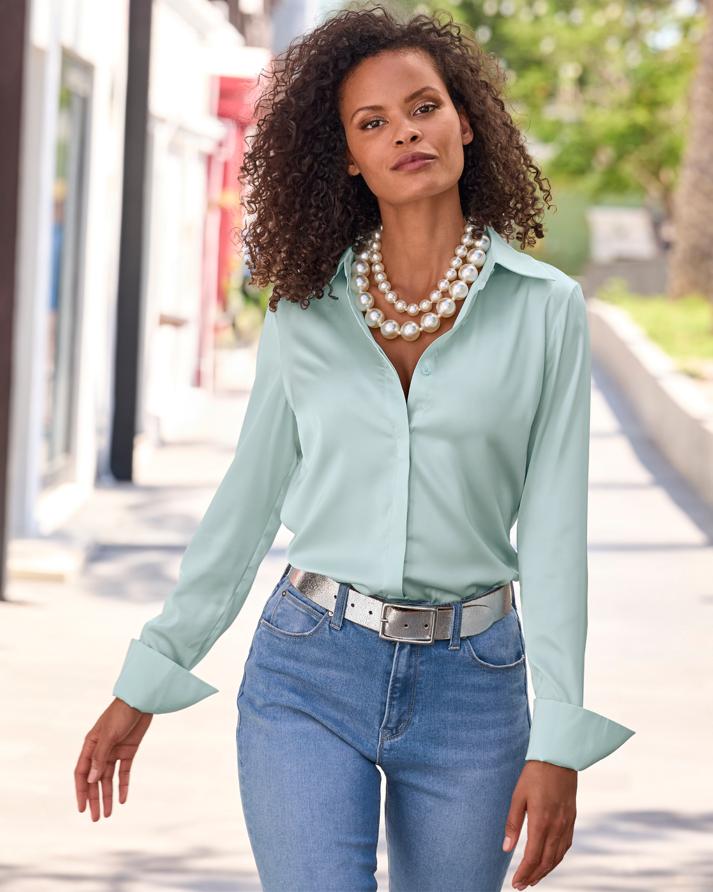 Sophia Button-Up Charmeuse Blouse Pale Mint