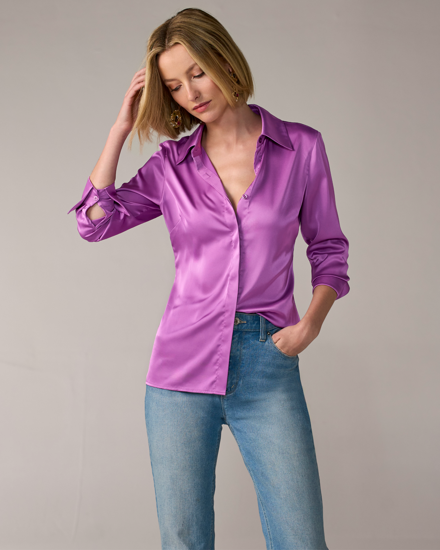 Sophia Button-Up Charmeuse Blouse Purple Cactus Flower
