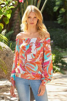 Abstract Floral Off-The-Shoulder Knit Top