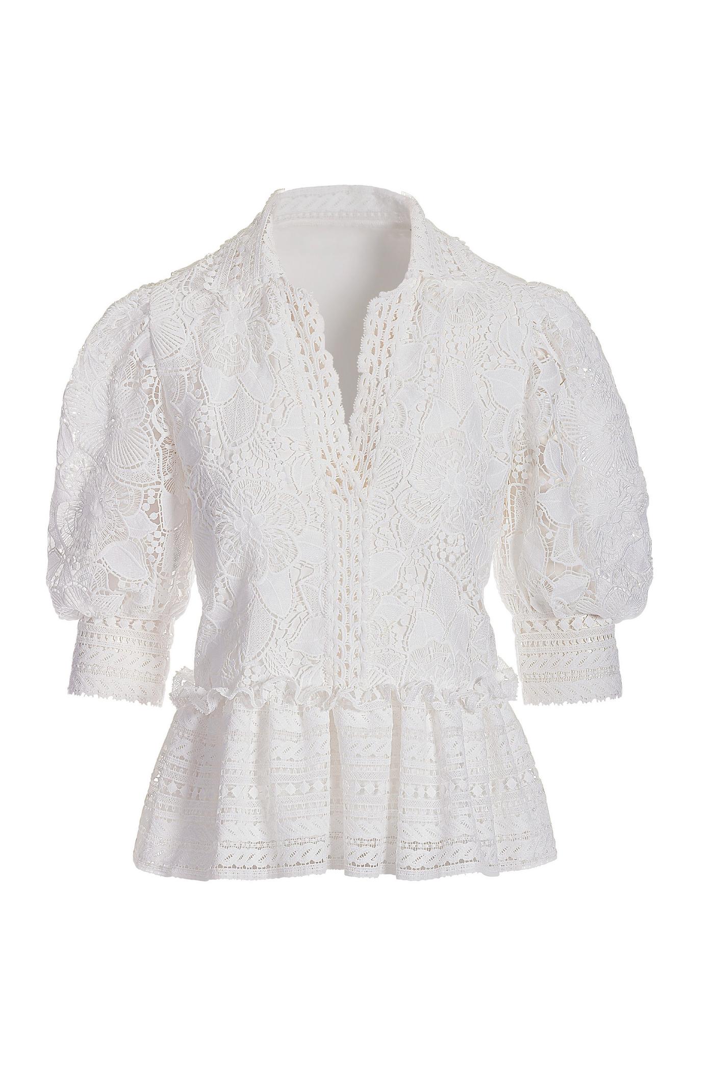 Puff Sleeve Collared Lace Peplum Blouse - White | Boston Proper