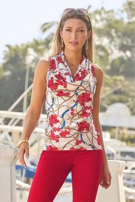 Floral Status Print Marilyn Cowl-Neck Charmeuse Blouse