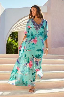 Embellished Tropical Print Elastic Waist Maxi Dress