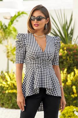 Gingham Covered-Button High-Low Knit Top