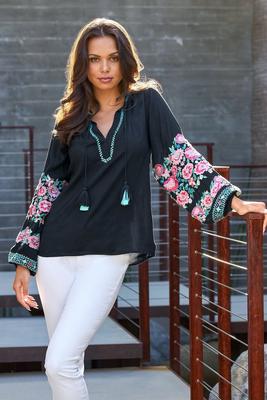 Embroidered Balloon-Sleeve V-Neck Blouse