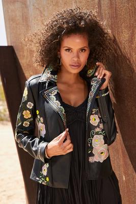 Embroidered Faux-Leather Moto Jacket