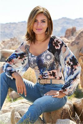 Floral Paisley Ruched Mesh Top