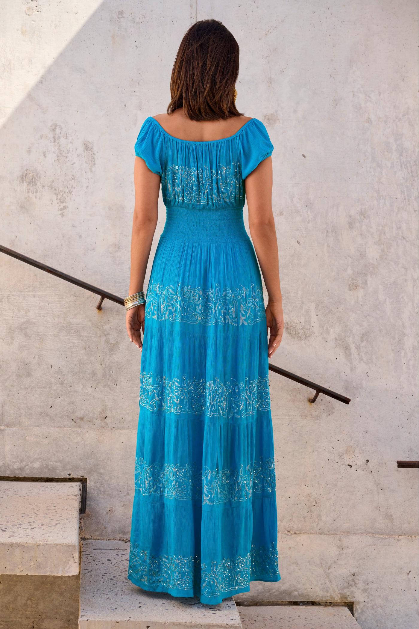 Metallic Detail Tiered Peasant Maxi Dress