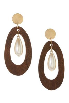 Faux-Pearl And Wood Teardrop Earrings