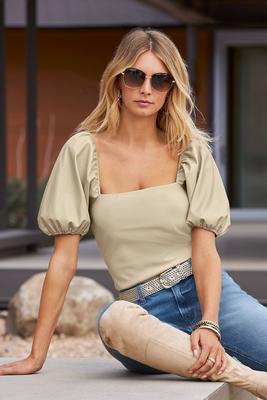 Faux-Leather Square-Neck Puff-Sleeve Top