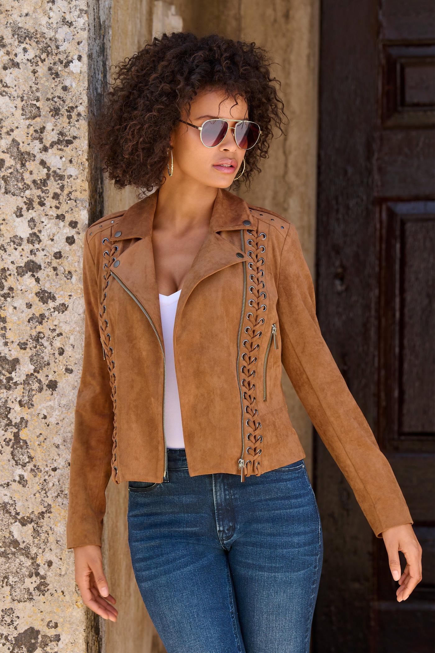 Faux Suede Lace Up Moto Jacket - Cognac – Boston Proper