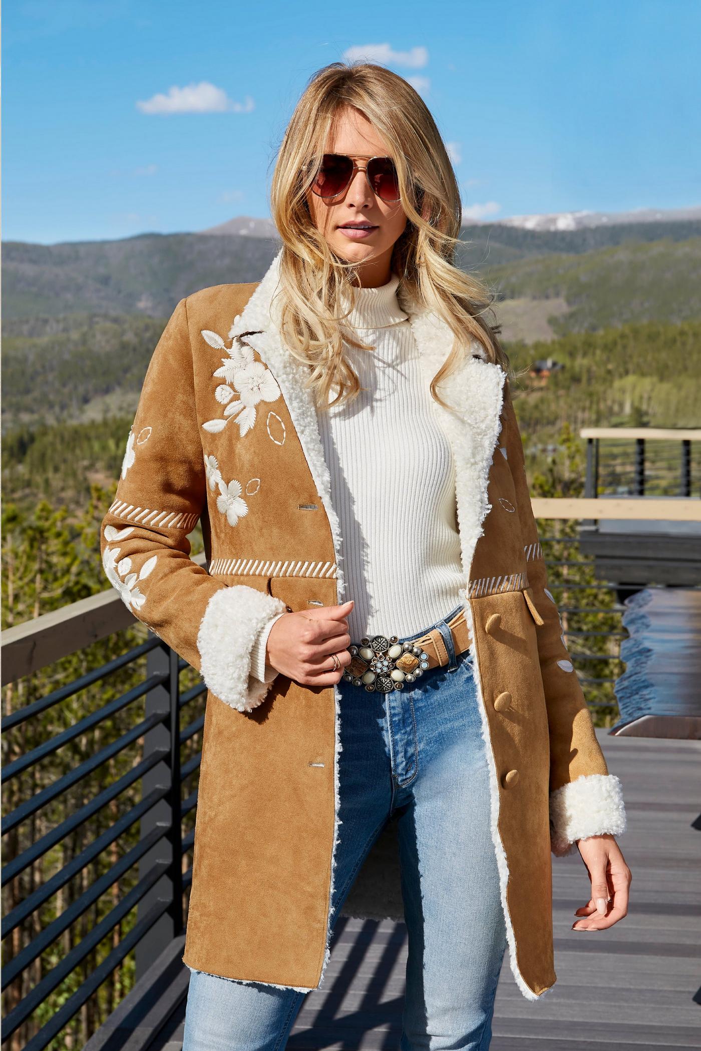 F*T様 BY GLADHAND GLADDEN DONKEY COAT Faux Suede Shearling Embroidered Coat - Camel – Boston Proper