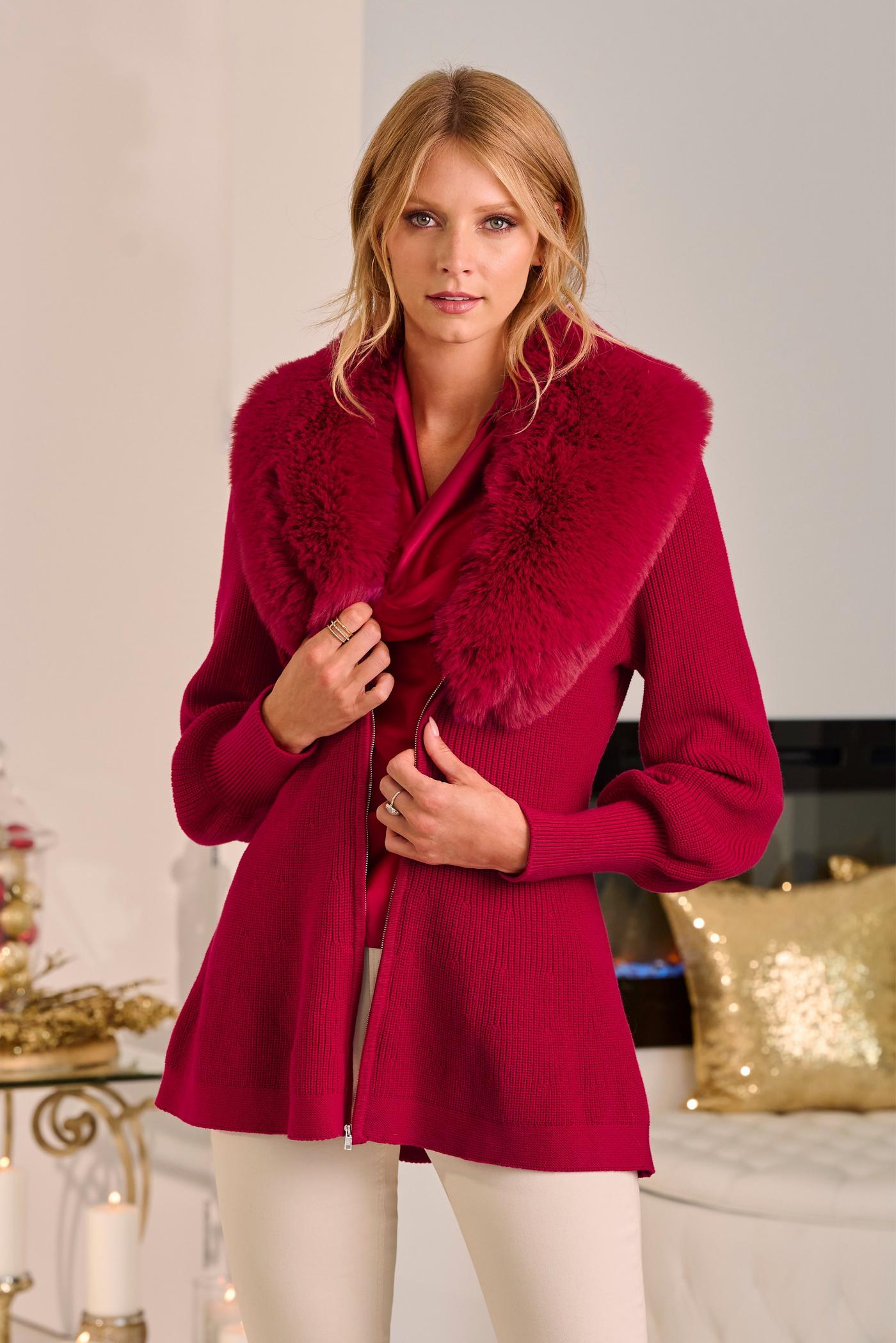 Faux Fur Balloon Sleeve A Line Zip Up Cardigan Jester Red