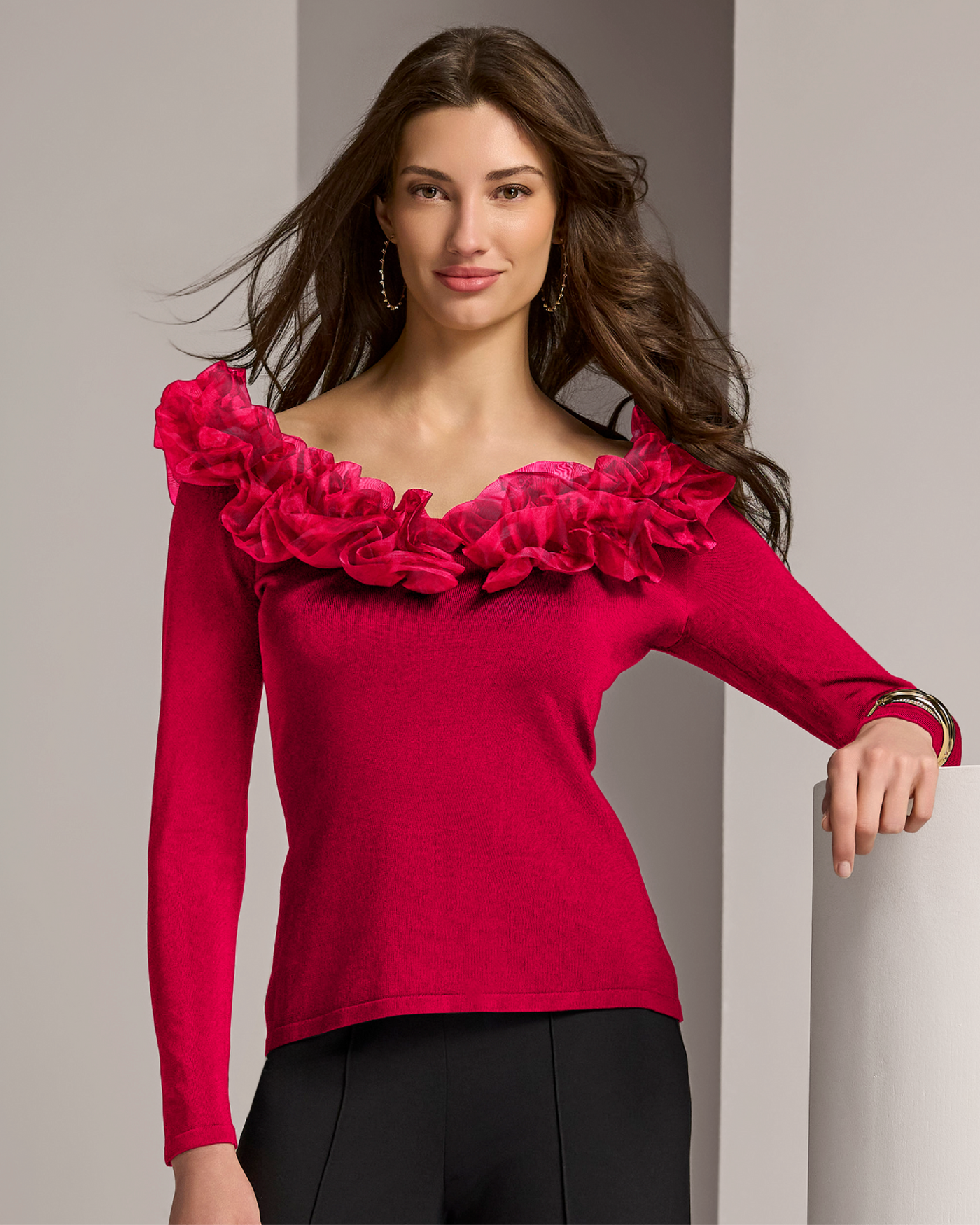 Organza Ruffle V Neck Sweater Jester Red