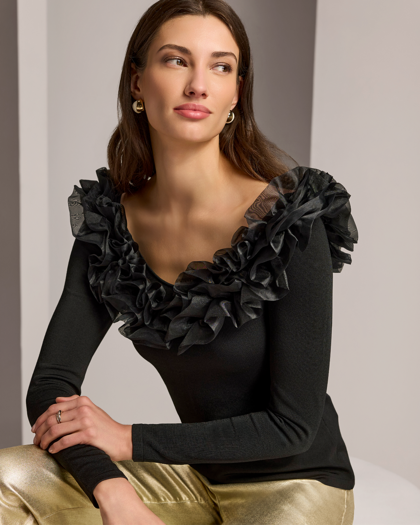 Organza Ruffle V Neck Sweater Black