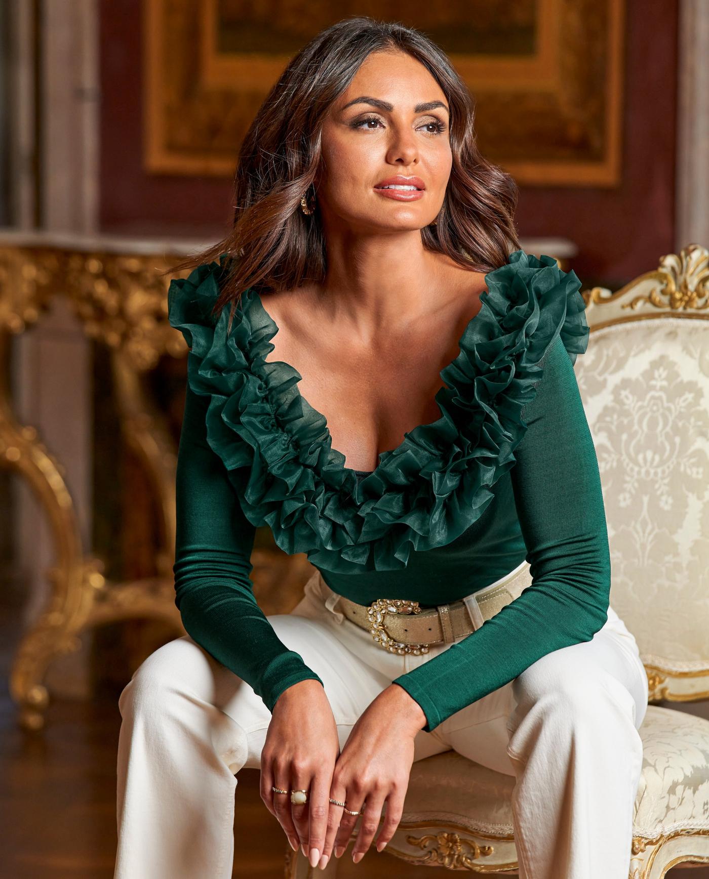 Organza Ruffle V Neck Sweater - Deep Emerald – Boston Proper