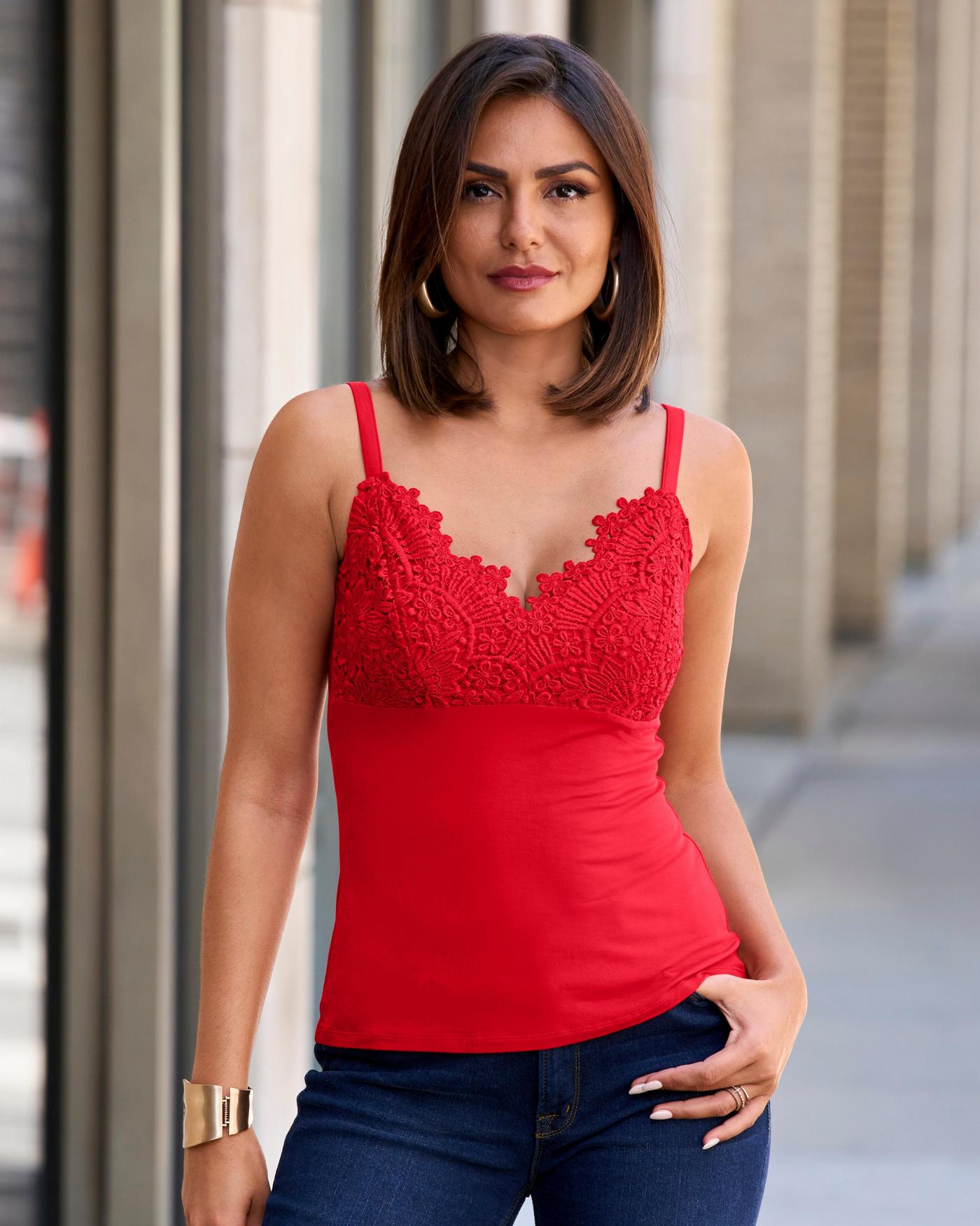 Lace Trim Cami Knit Top Racing Red