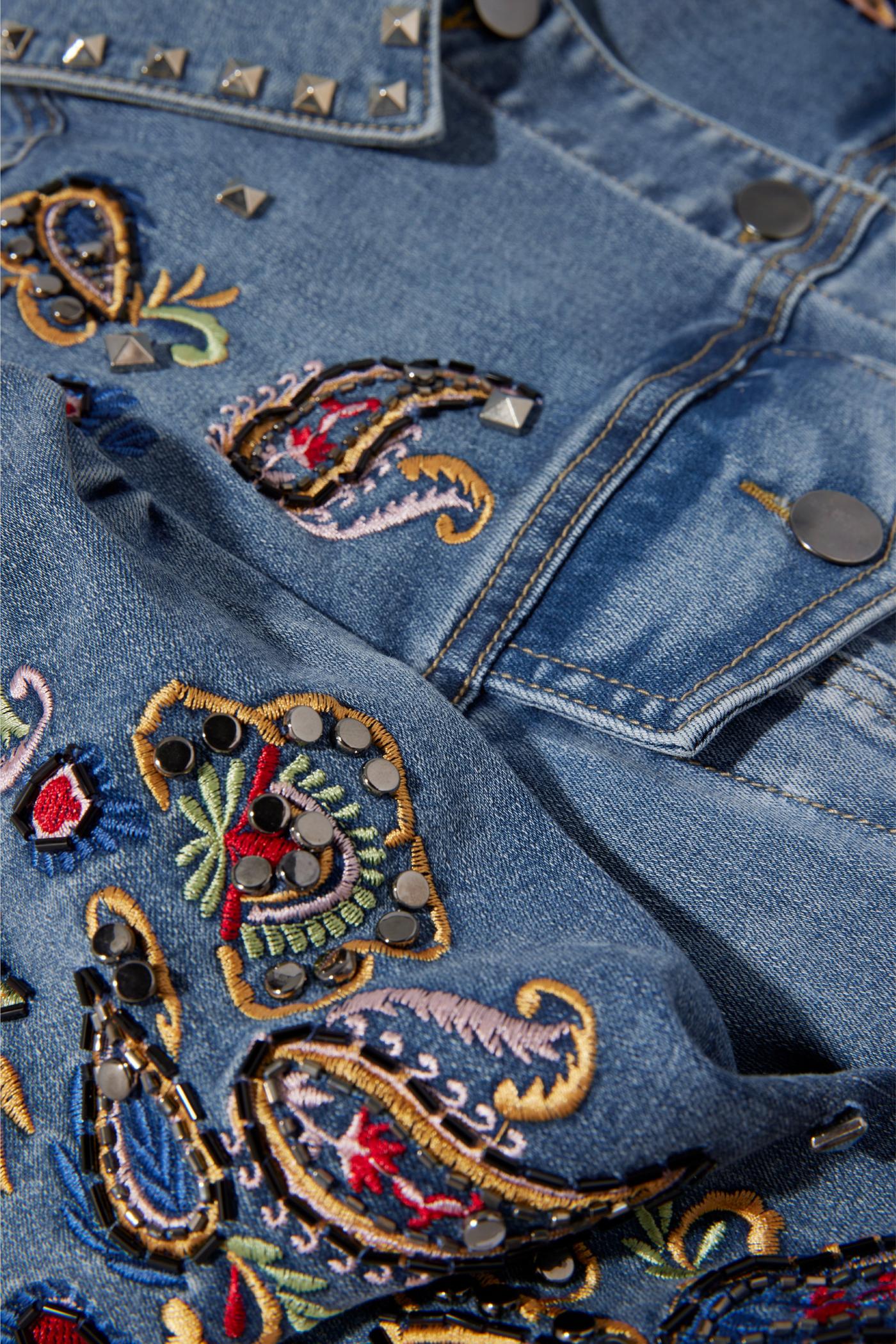 Paisley Embroidered And Embellished Puff Sleeve Denim Jacket 