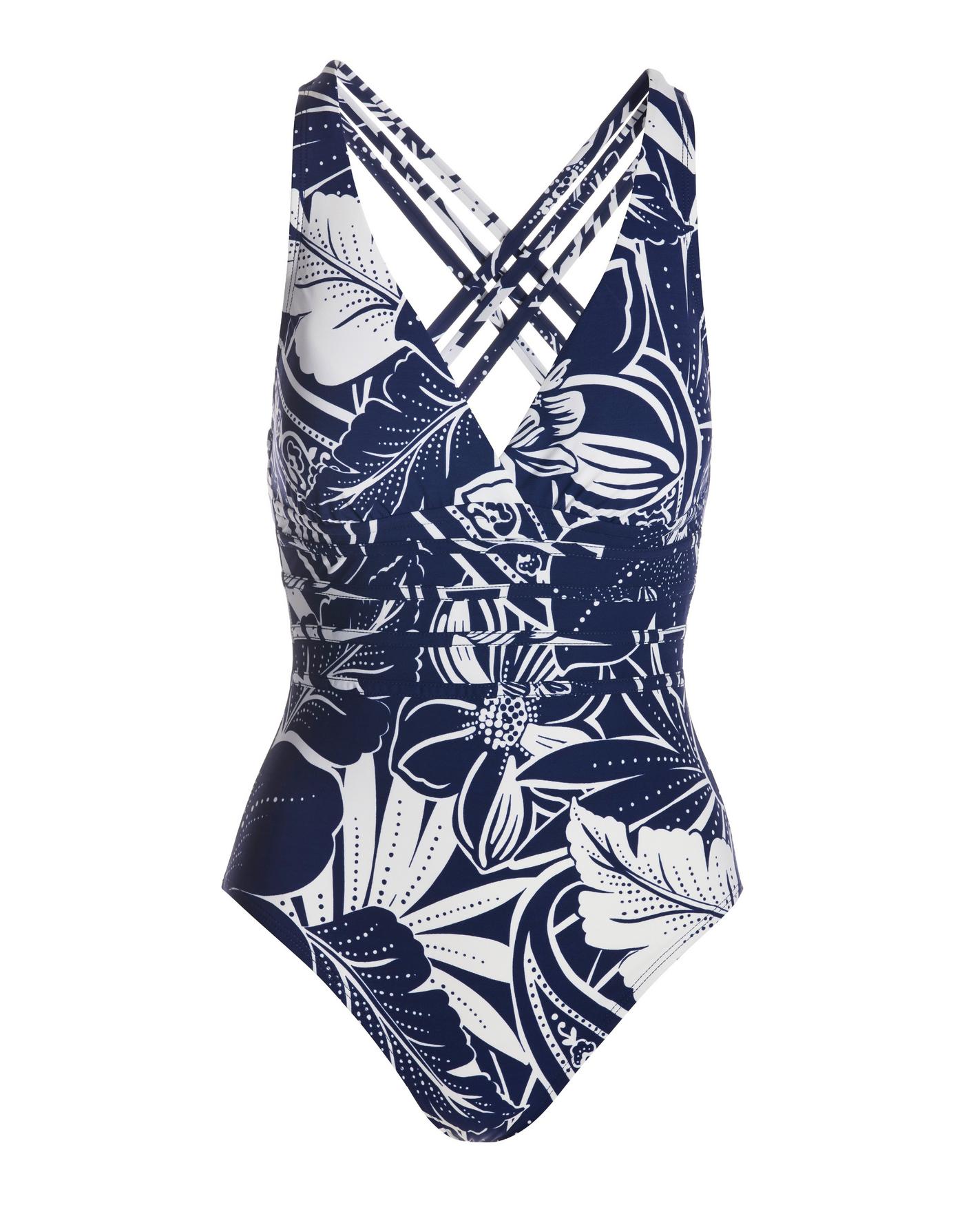 Exploded Floral Multistrap Cross-Back One-Piece Swimsuit - Navy