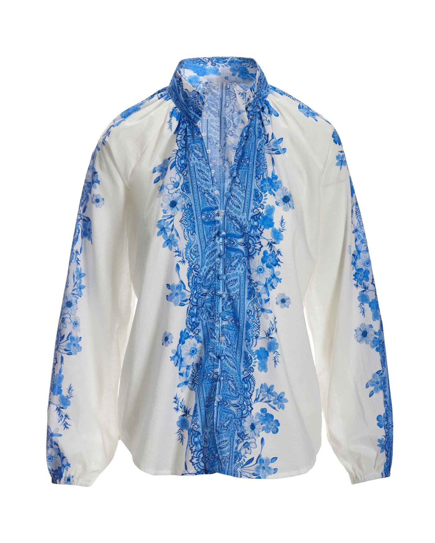 Wildflower Blues Print Balloon-Sleeve Peasant Shirt - Blue