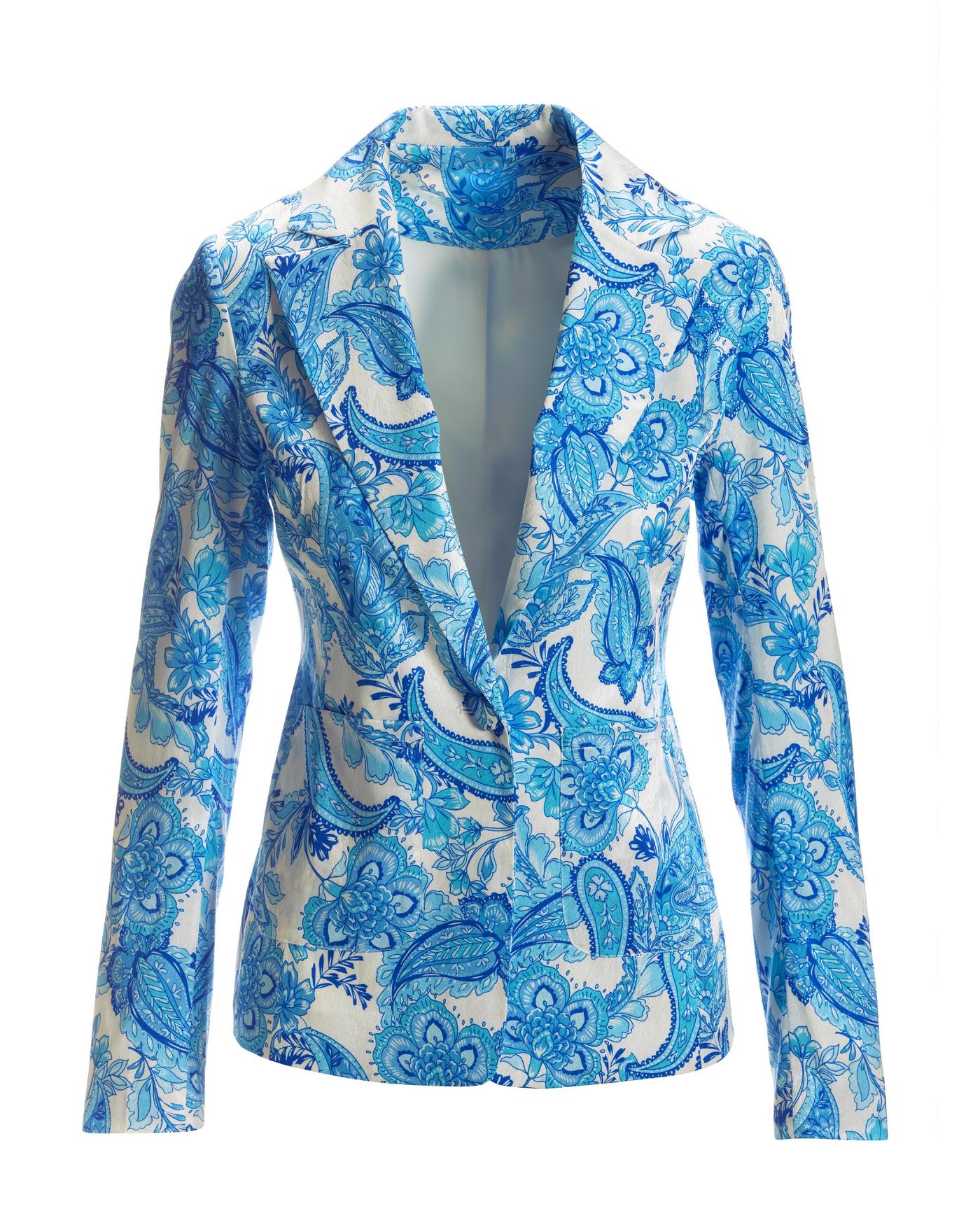 Blue Wave Paisley Print Single-Button Textured Satin Blazer - Blue 