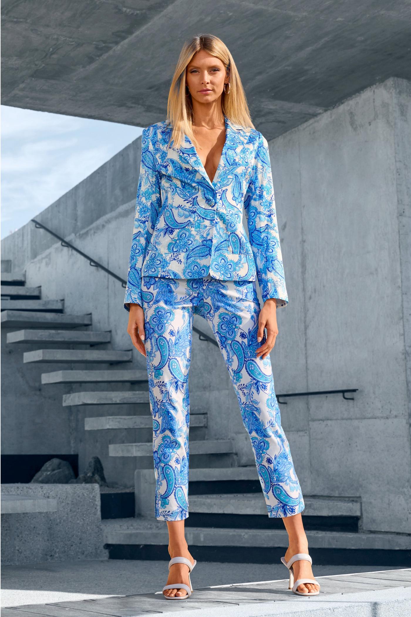 Blue Wave Paisley Print Single-Button Textured Satin Blazer - Blue 