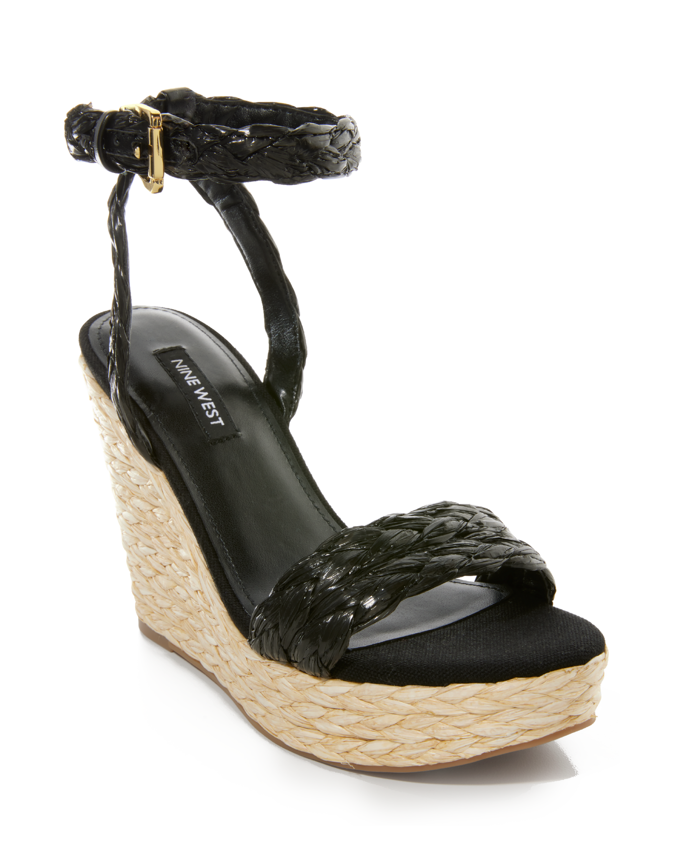 Raffia Wedge Ankle-Strap Sandal Black