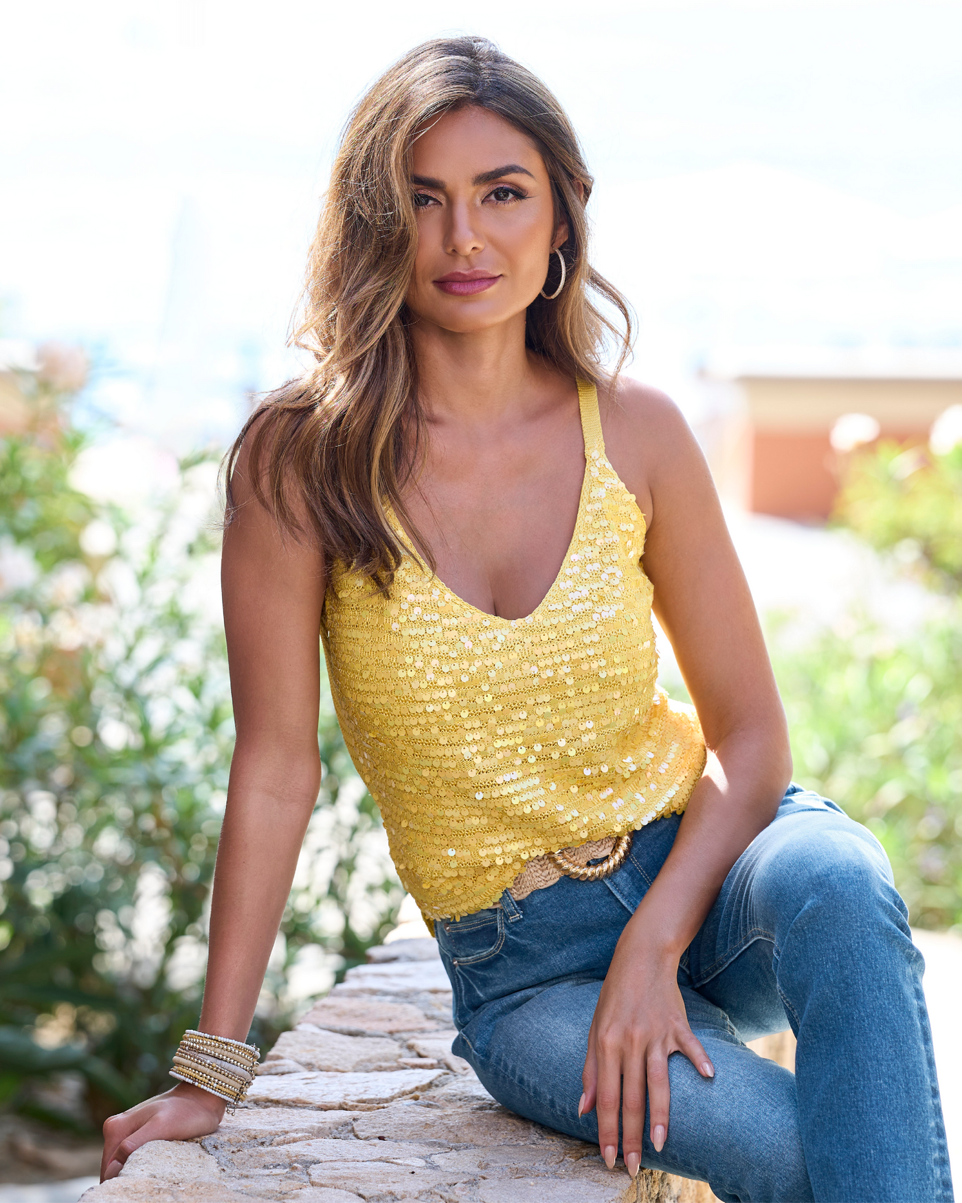Sequin V-Neck Sweater Tank Lemon Drop
