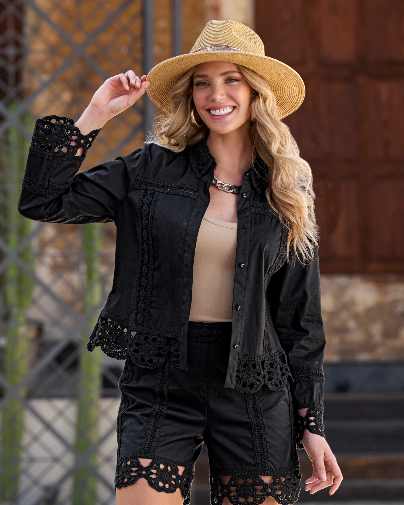 Crochet Trim Button-Up Shirt Black