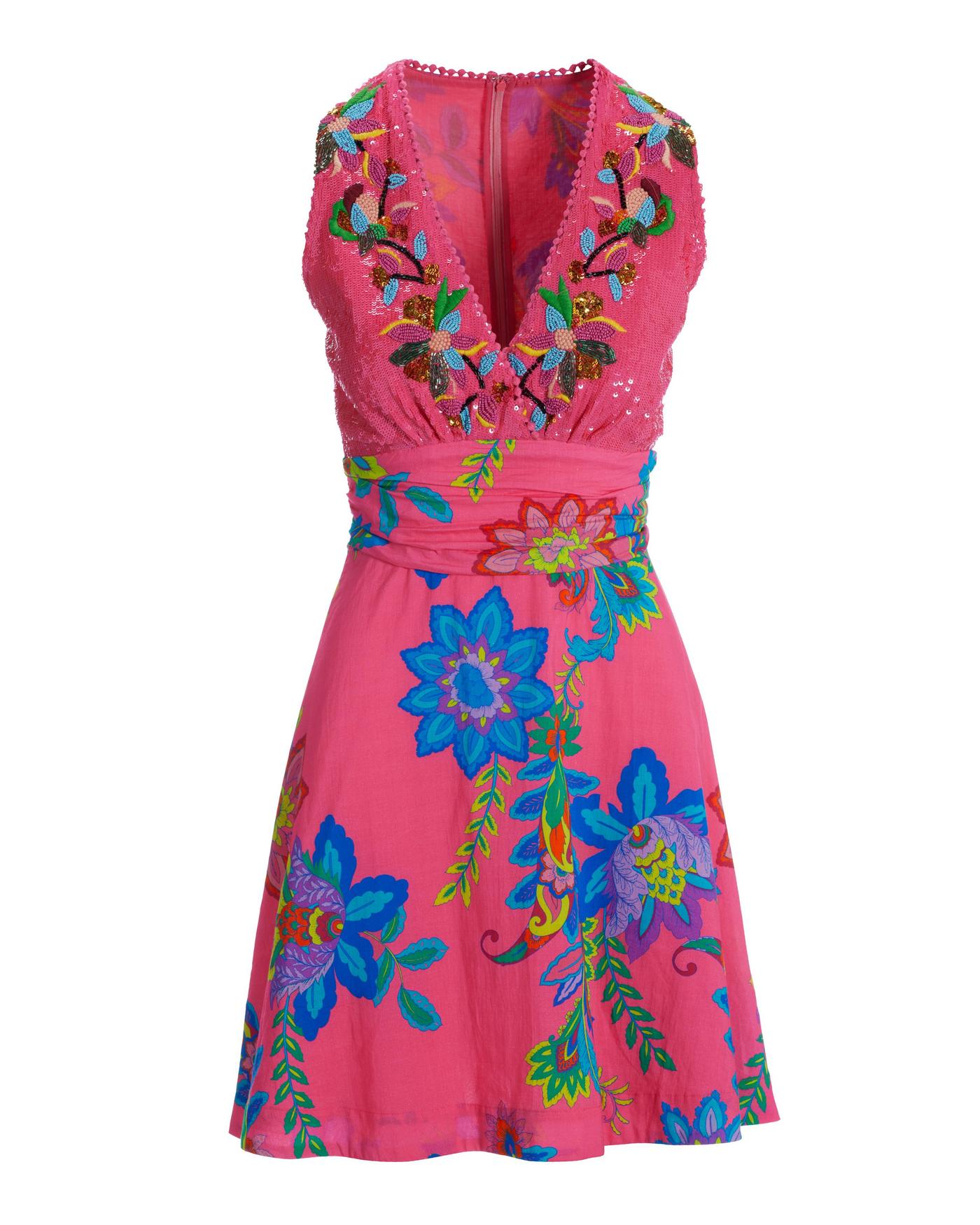 St. Tropez Tropical Print Embellished Fit-And-Flare Dress - Pink