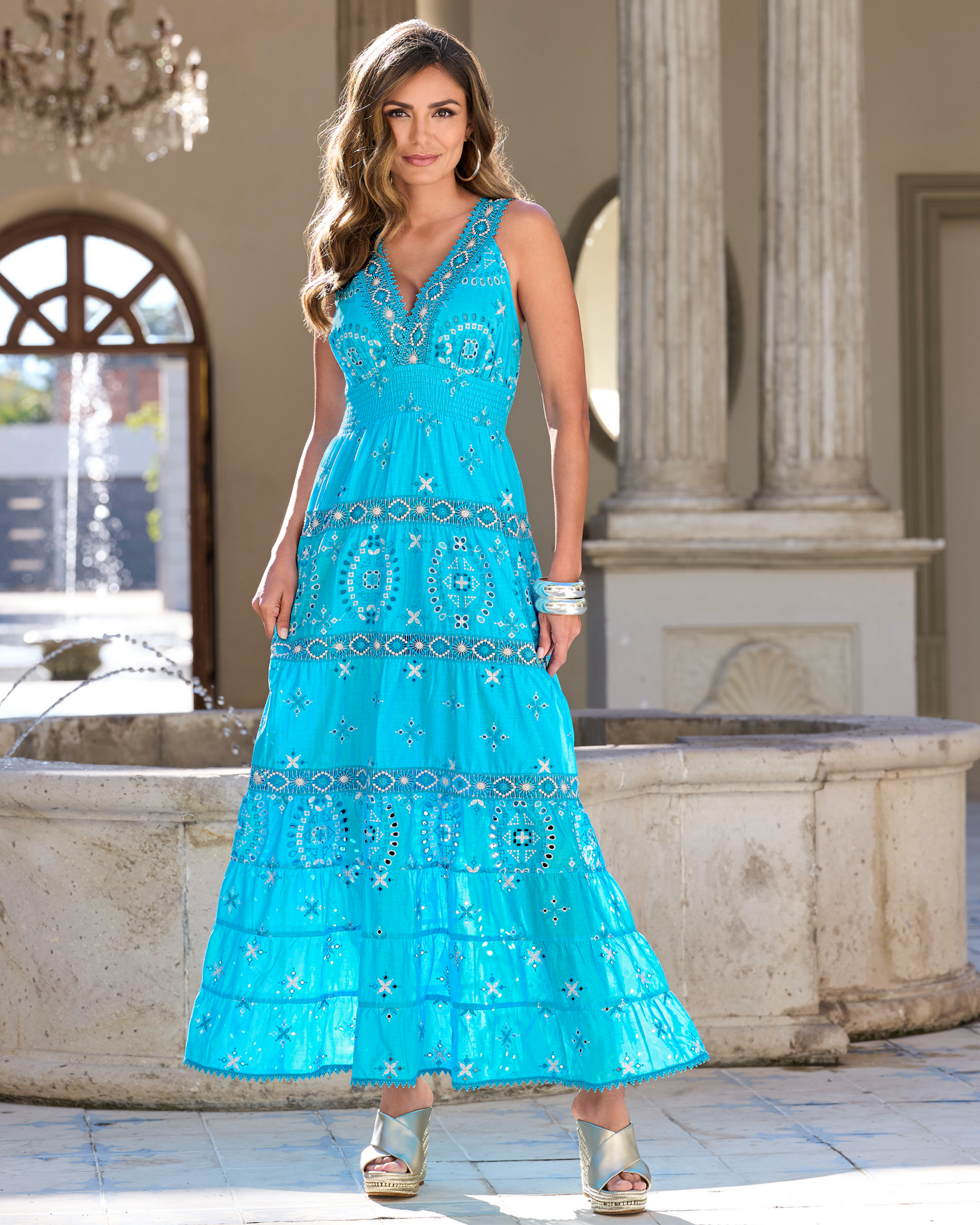 Metallic Lace-Inset Eyelet Maxi Dress Bachelor Button