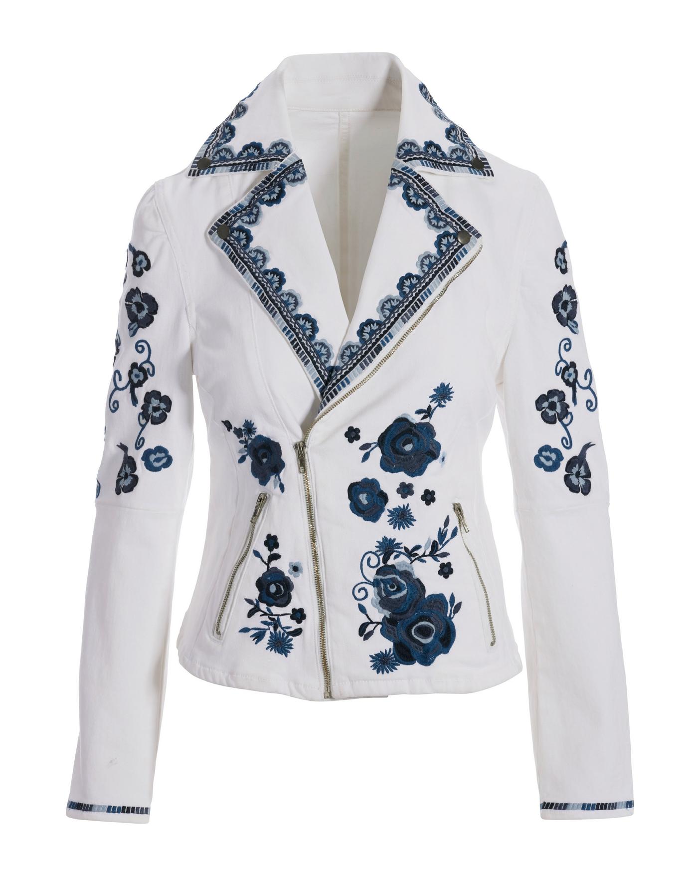 Floral Embroidered Denim Moto Jacket - White Multi | Boston Proper