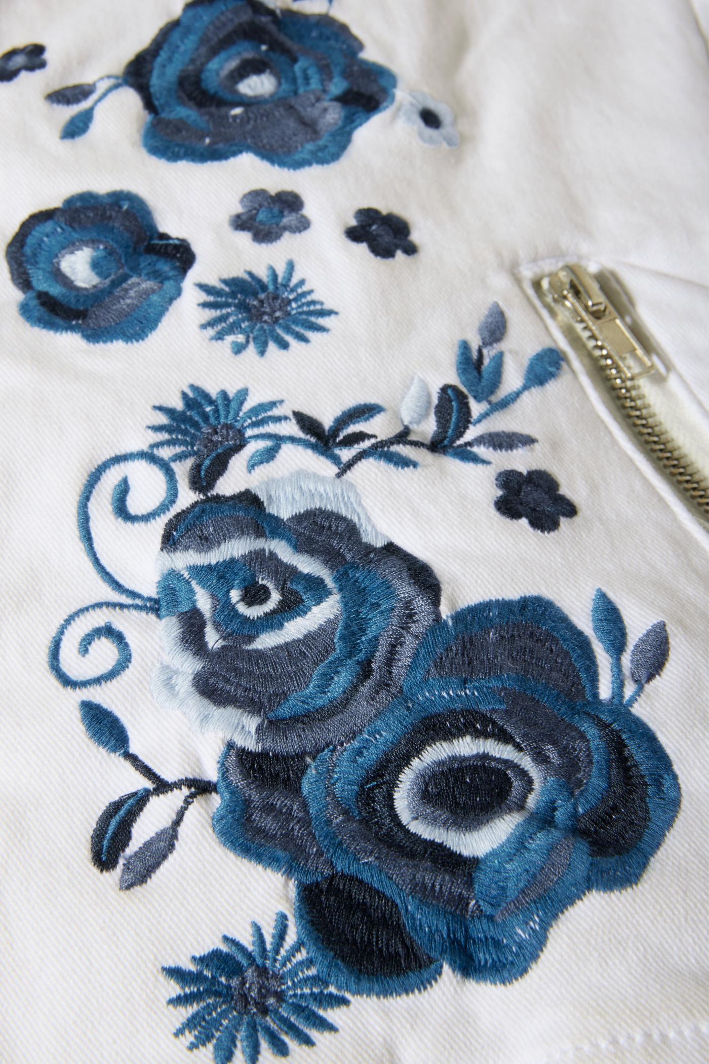 Floral Embroidered Denim Moto Jacket - White Multi | Boston Proper
