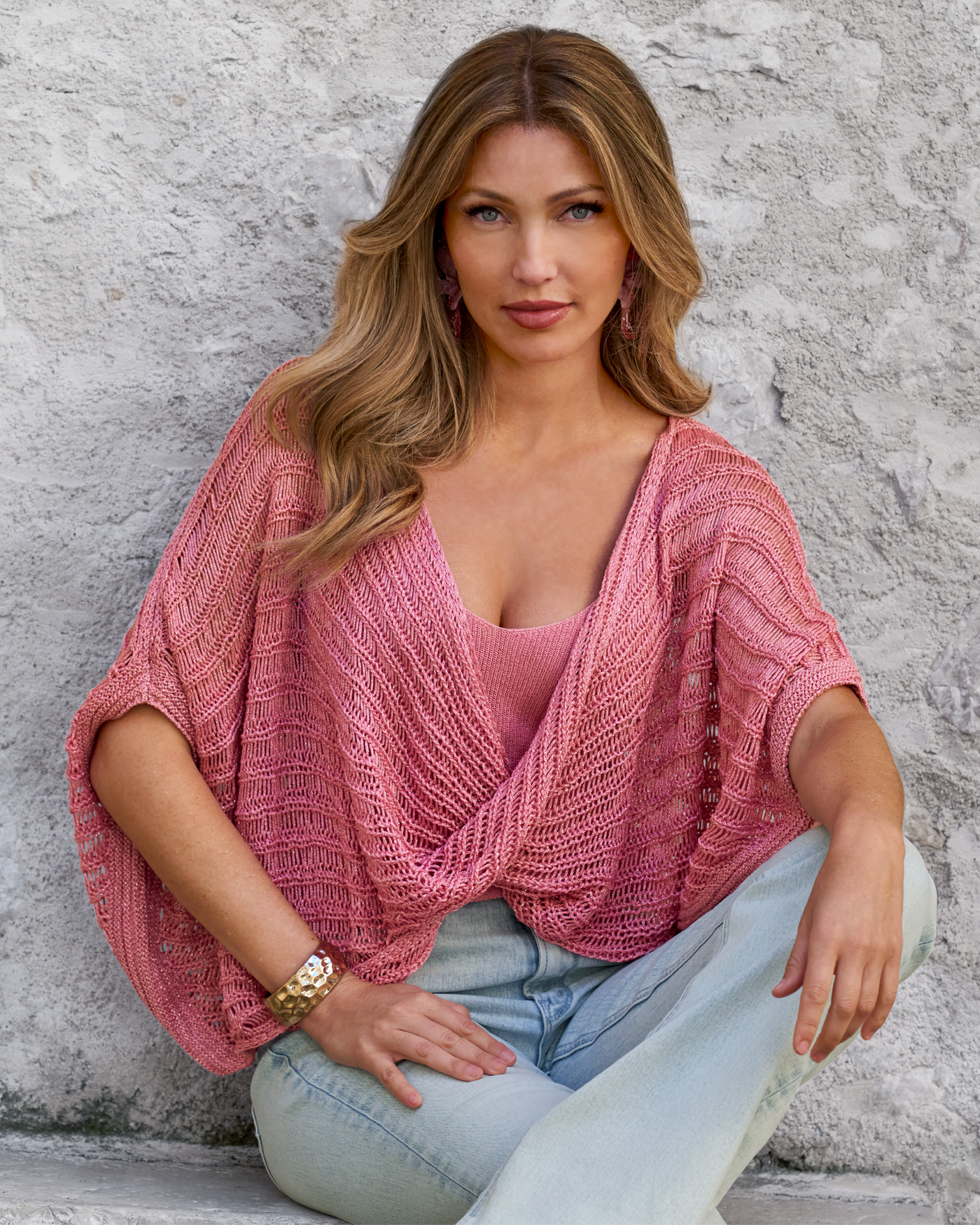 Metallic Twist Sweater Poncho Sachet Pink