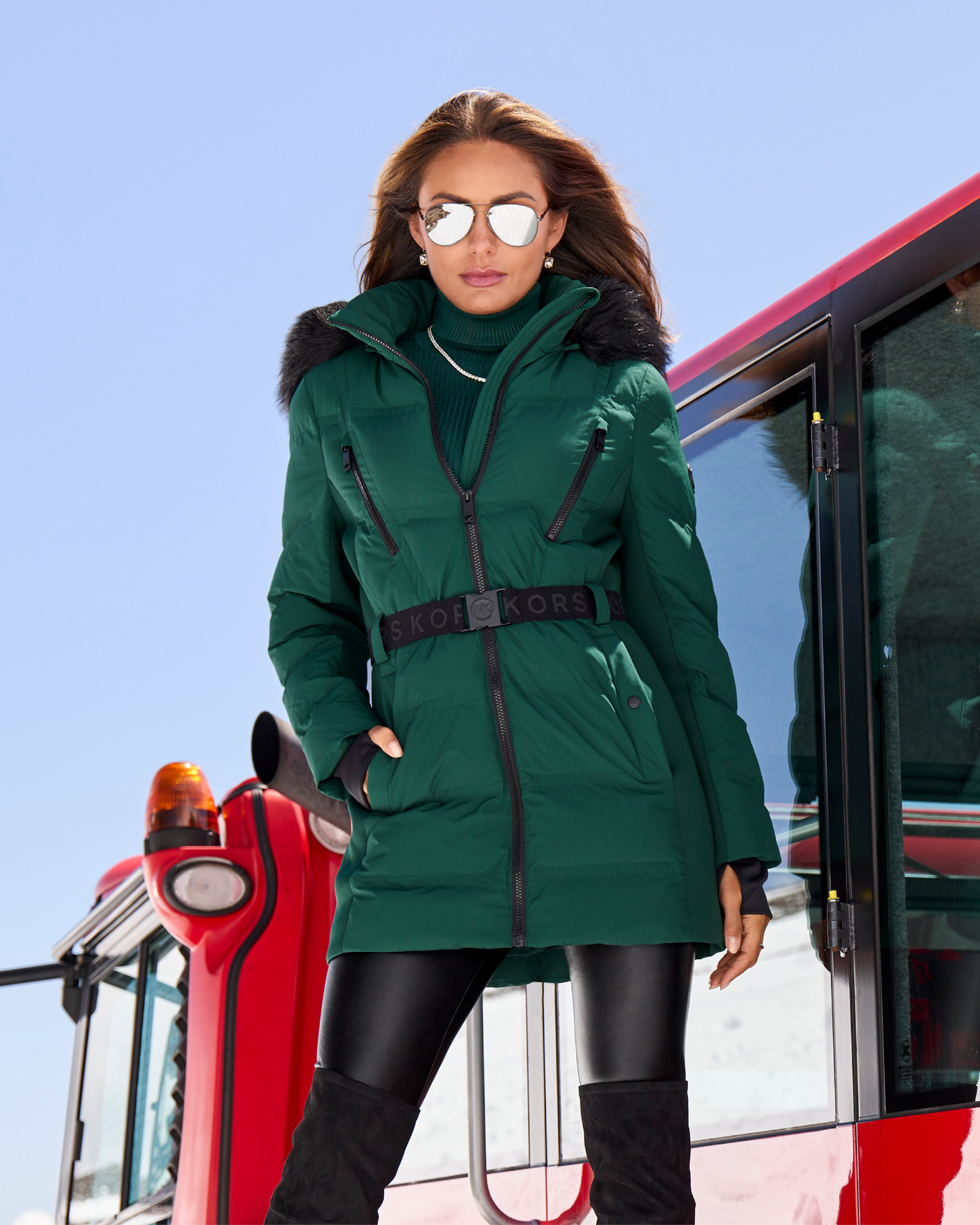 Faux Fur Trim Shaped Belted Puffer Jacket Emerald