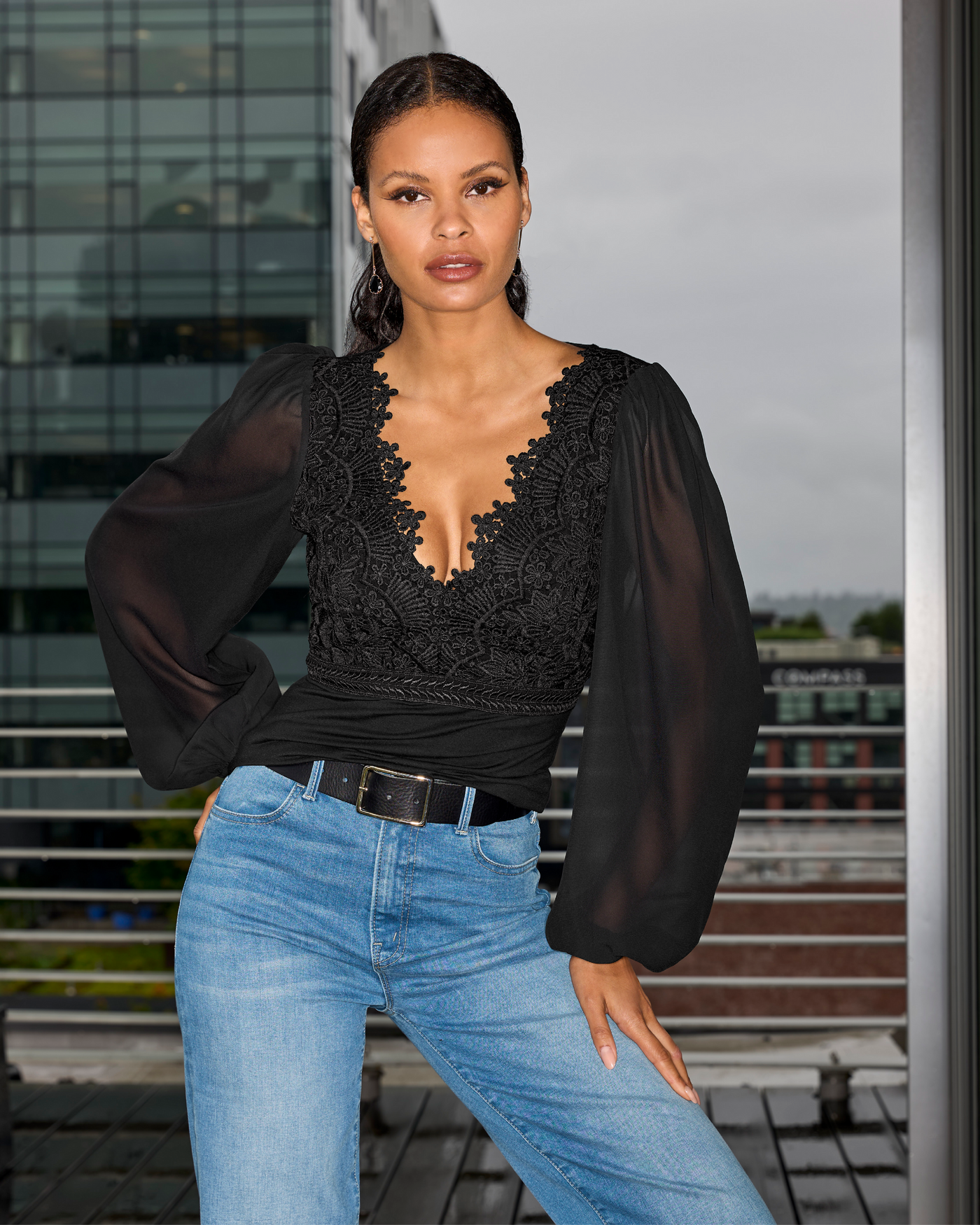 Scallop Lace Long Sleeve Top Proper Black