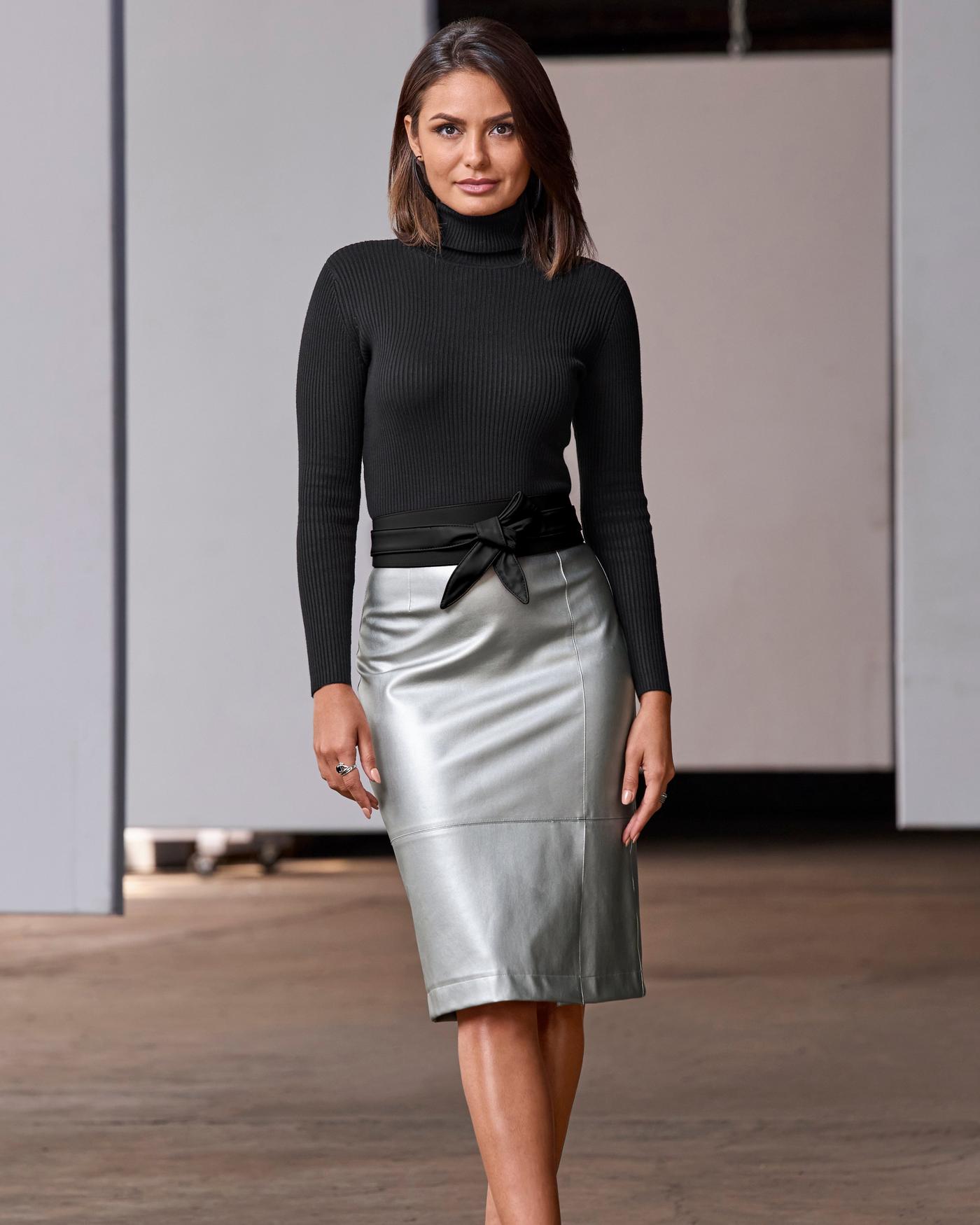 Metallic Faux Leather Front Slit Skirt Silver