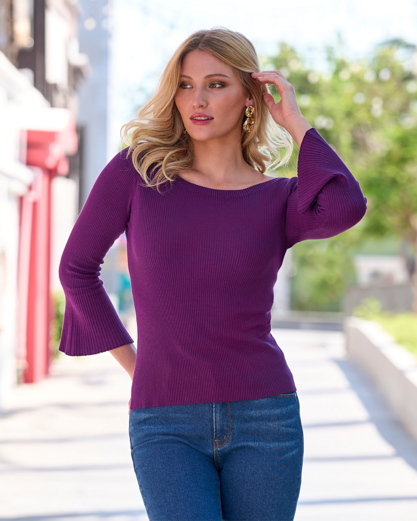 Ribbed Boatneck Flare Sleeve Sweater Grape Juice