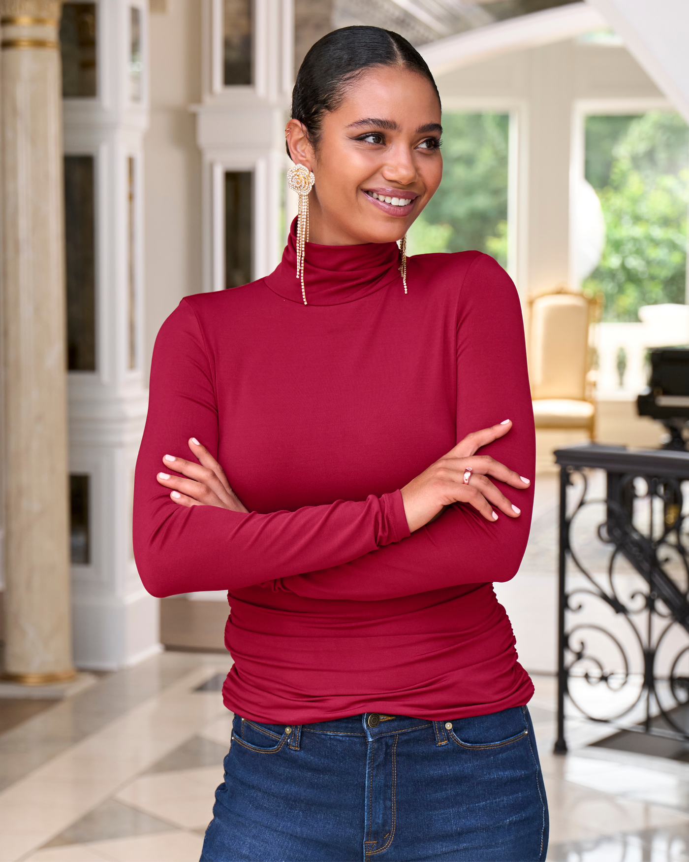 So Chic Ruched Turtleneck Top Rumba Red