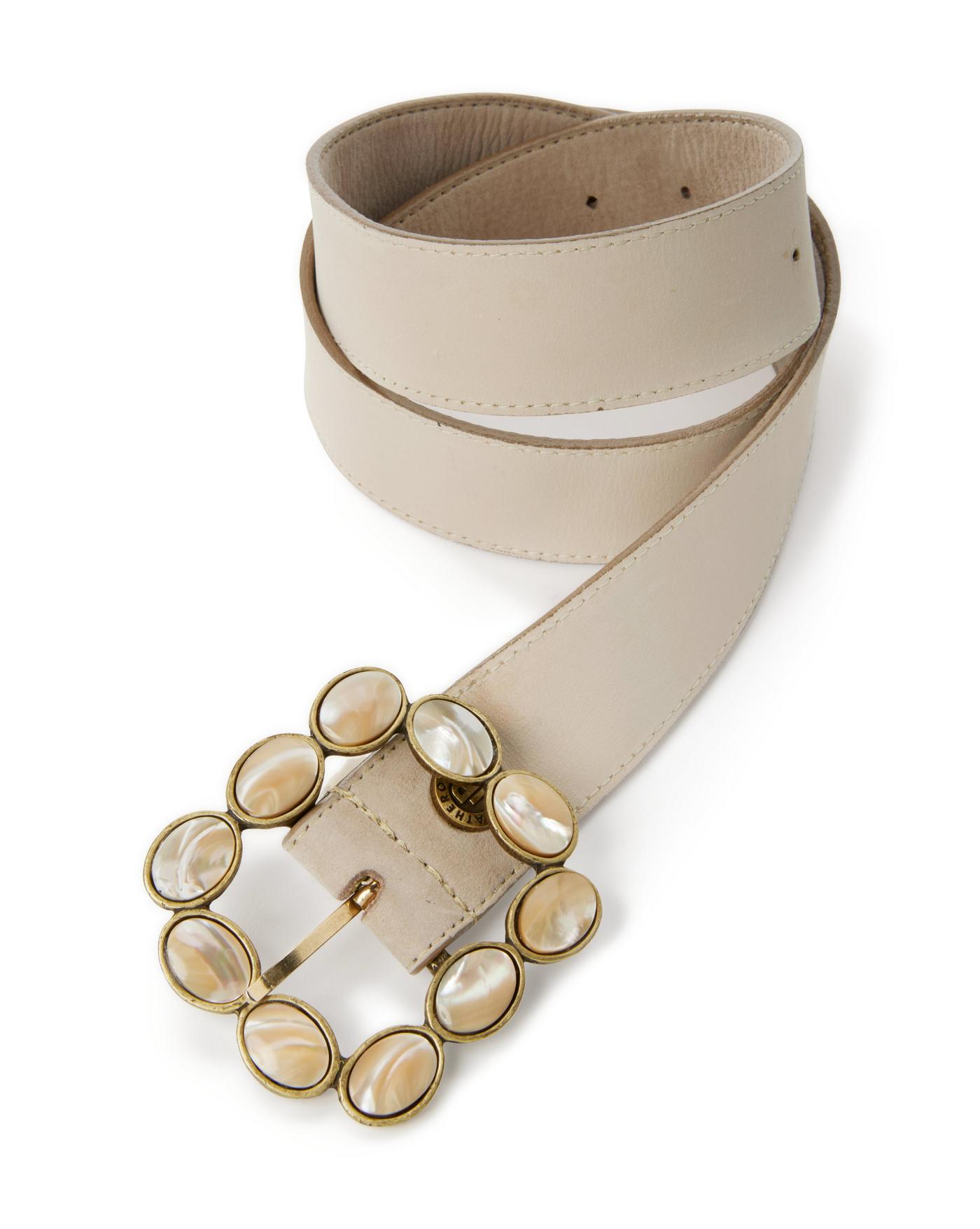 Leather Square Stone Buckle Belt Beige