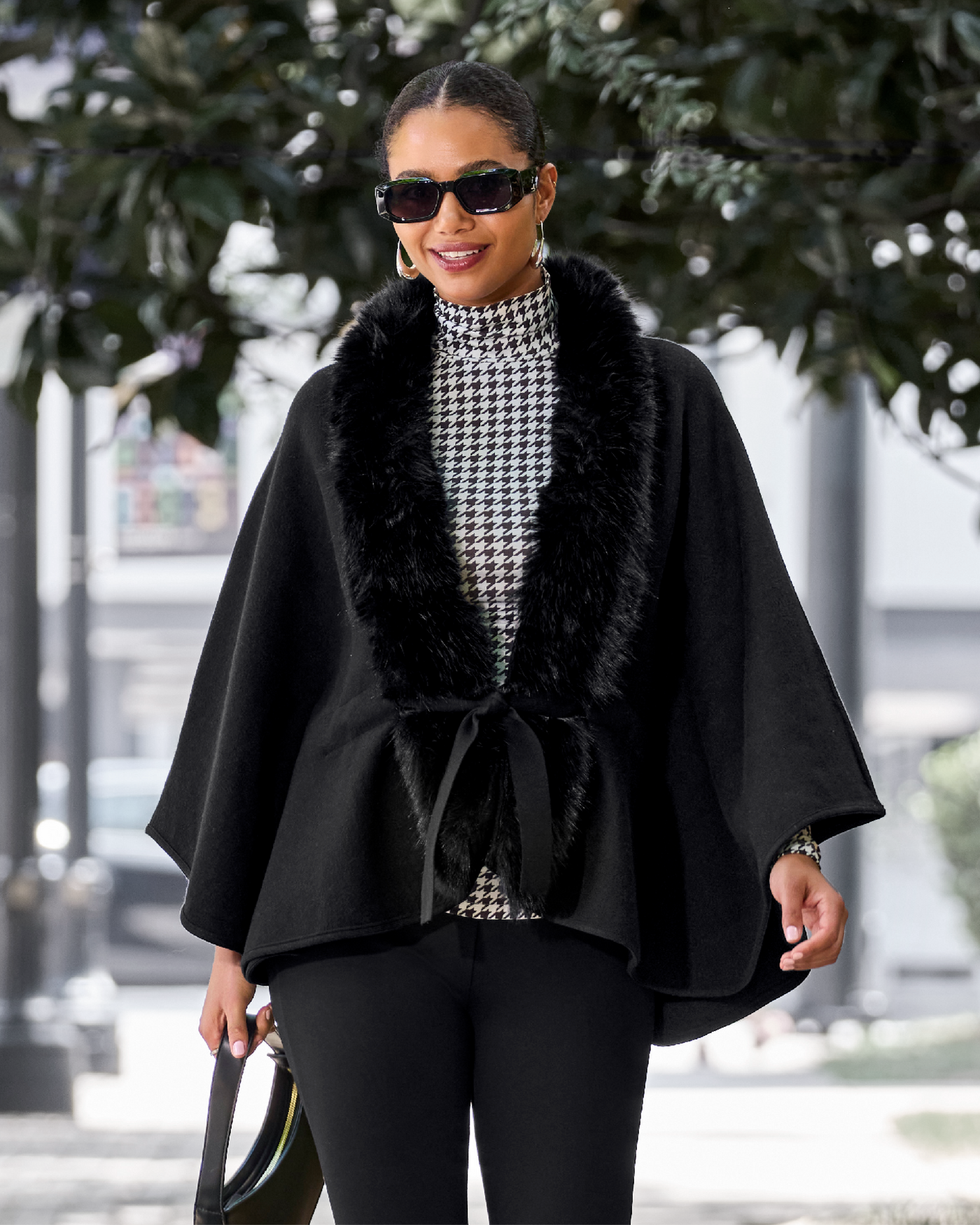Faux Fur Tie Waist Poncho Black