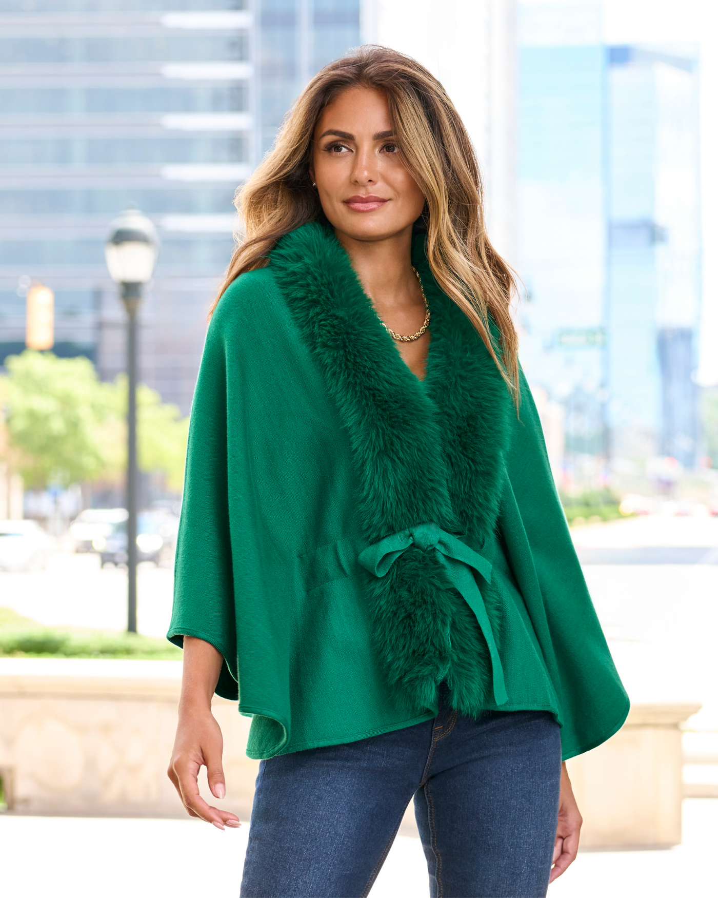 Faux Fur Tie Waist Poncho Ultramarine Green