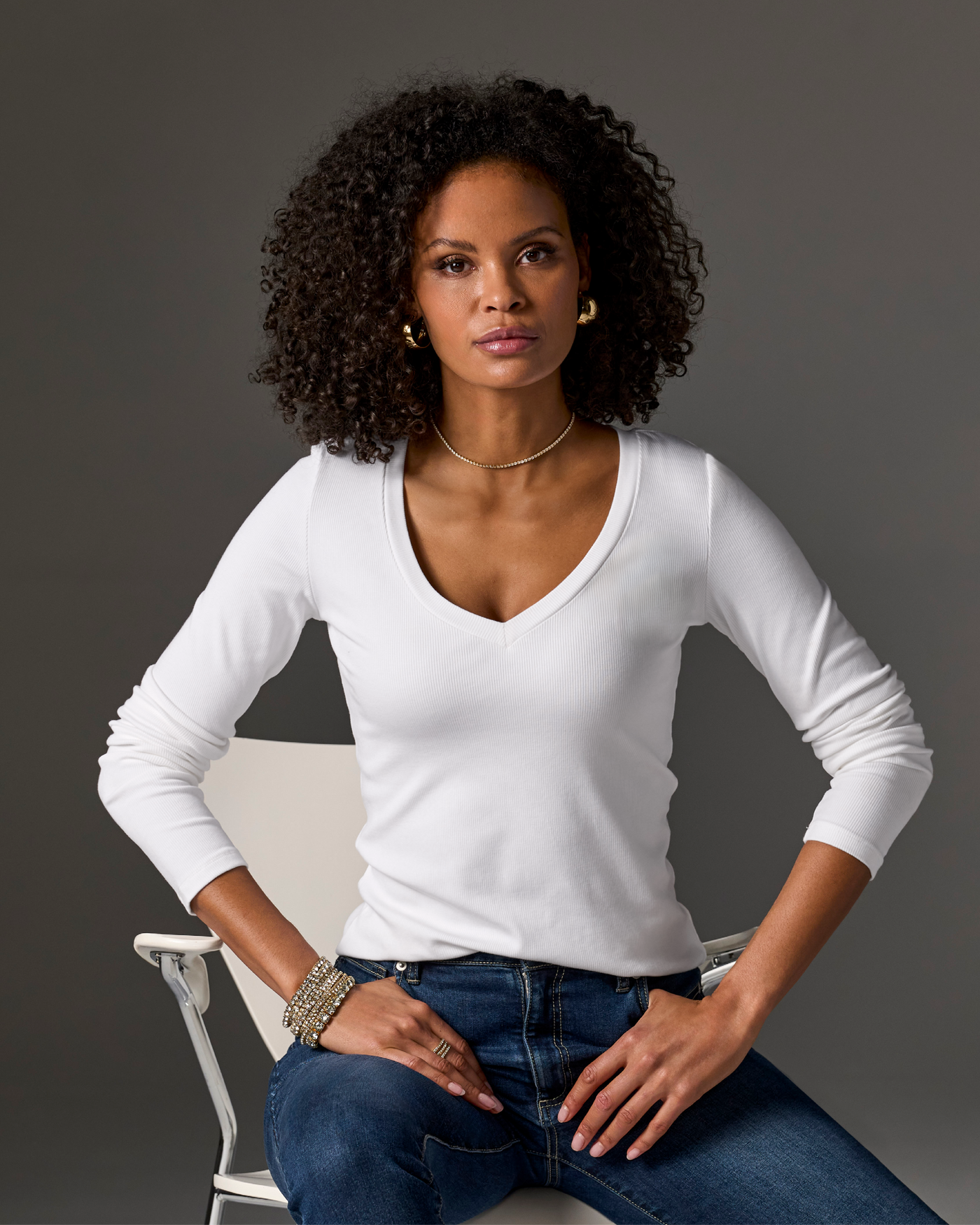 So Essential Ribbed V Neck Long Sleeve Top Pure White