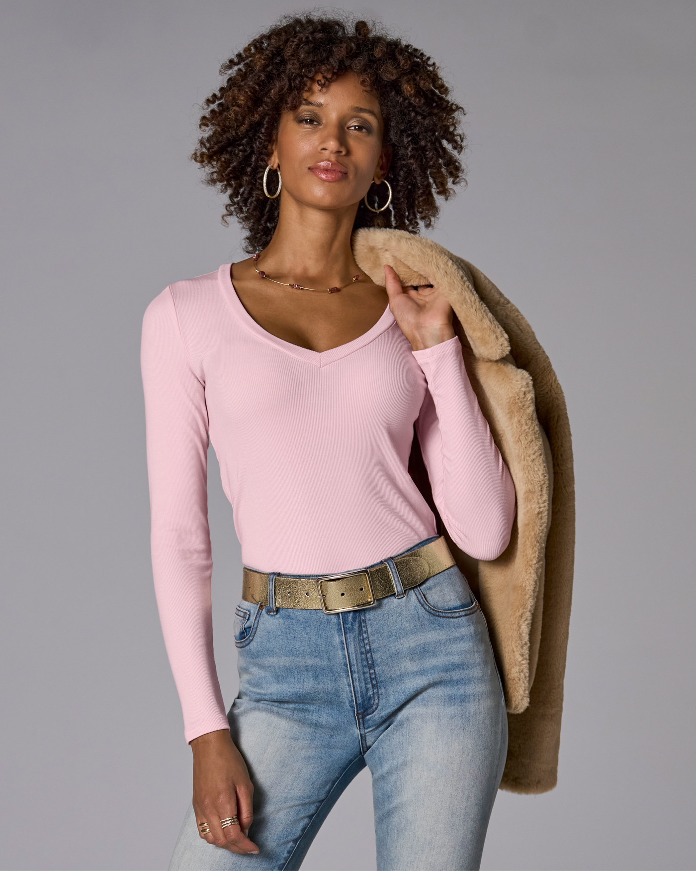 So Essential Ribbed V Neck Long Sleeve Top Soft Pink