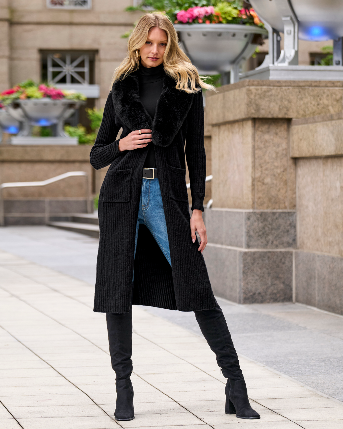 Faux Fur Collar Ribbed Long Cardigan Black/Black