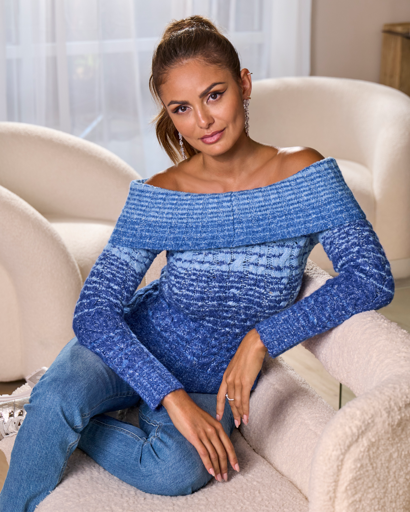 Fold Over Marled Sweater Blue Multi